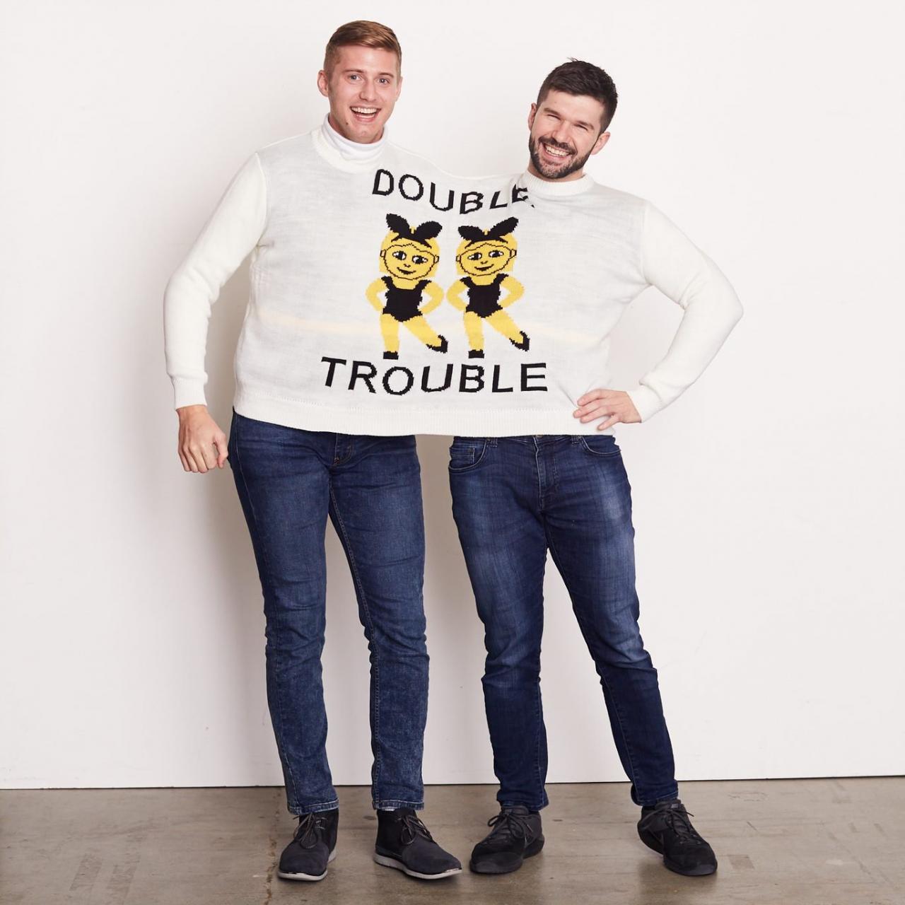 Double-headed jumpers are back for Valentine?s Day Regardless of your romantic situation, the double-headed sweater style is basically one big knit with two neck holes - so you can snuggle with your significant other, bestie or fur baby in the cold weather.